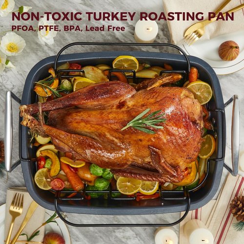 HONGBAKE Extra Large Nonstick Turkey Roasting Pan - 18.7x13.6 Inch Heavy Duty Steel with Rack & Wider Handles