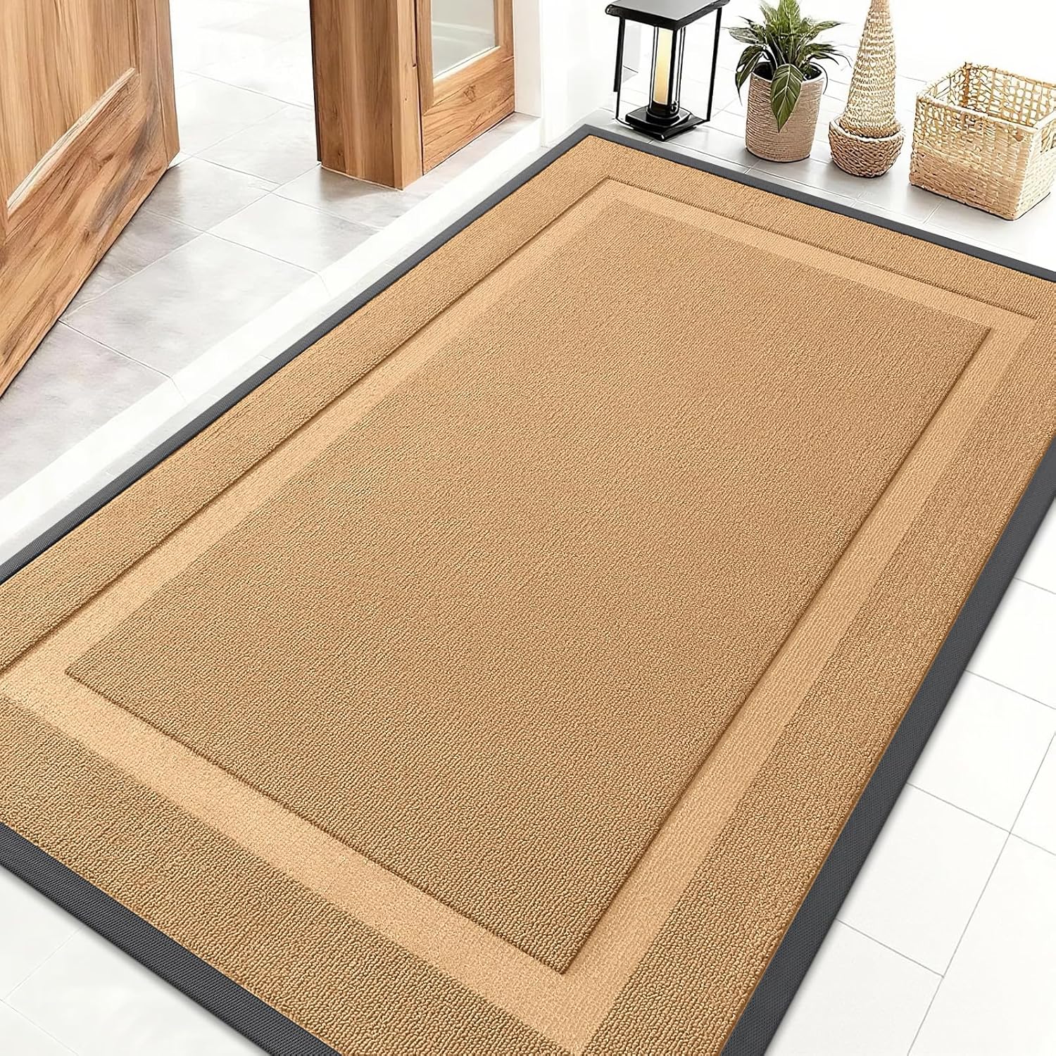 OLANLY Waterproof All-Season Front Door Mat - Sturdy Natural Rubber, Easy Clean, 47x32, Butter Yellow