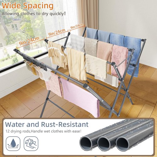 HOMIDEC Drying Rack - Large 12-Pole Foldable Laundry Drying Rack with Sock Clips | Indoor/Outdoor Use, Silver