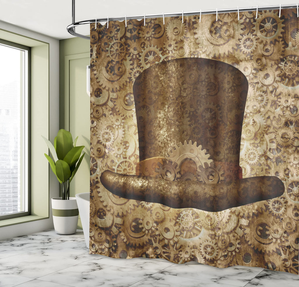 Ambesonne Victorian Shower Curtain, Steampunk Hat Fantasy Science Fiction Concept Futuristic Gears Cogs Print, Cloth Fabric Bathroom Decor Set with Hooks, 69" W x 84" L, Sand Brown