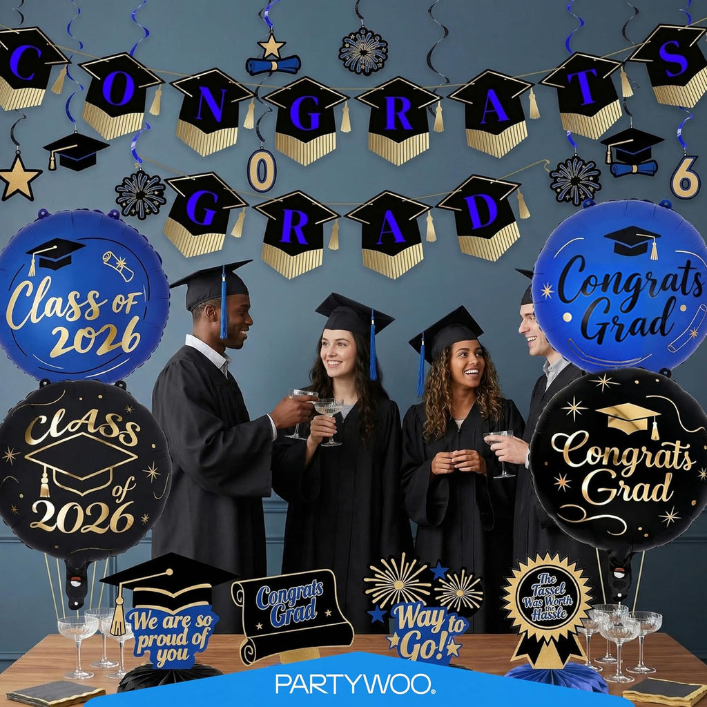PartyWoo Graduation Decorations - Class of 2026 Black, Gold & Blue 19-Piece Set with Congrats Banner & Balloons