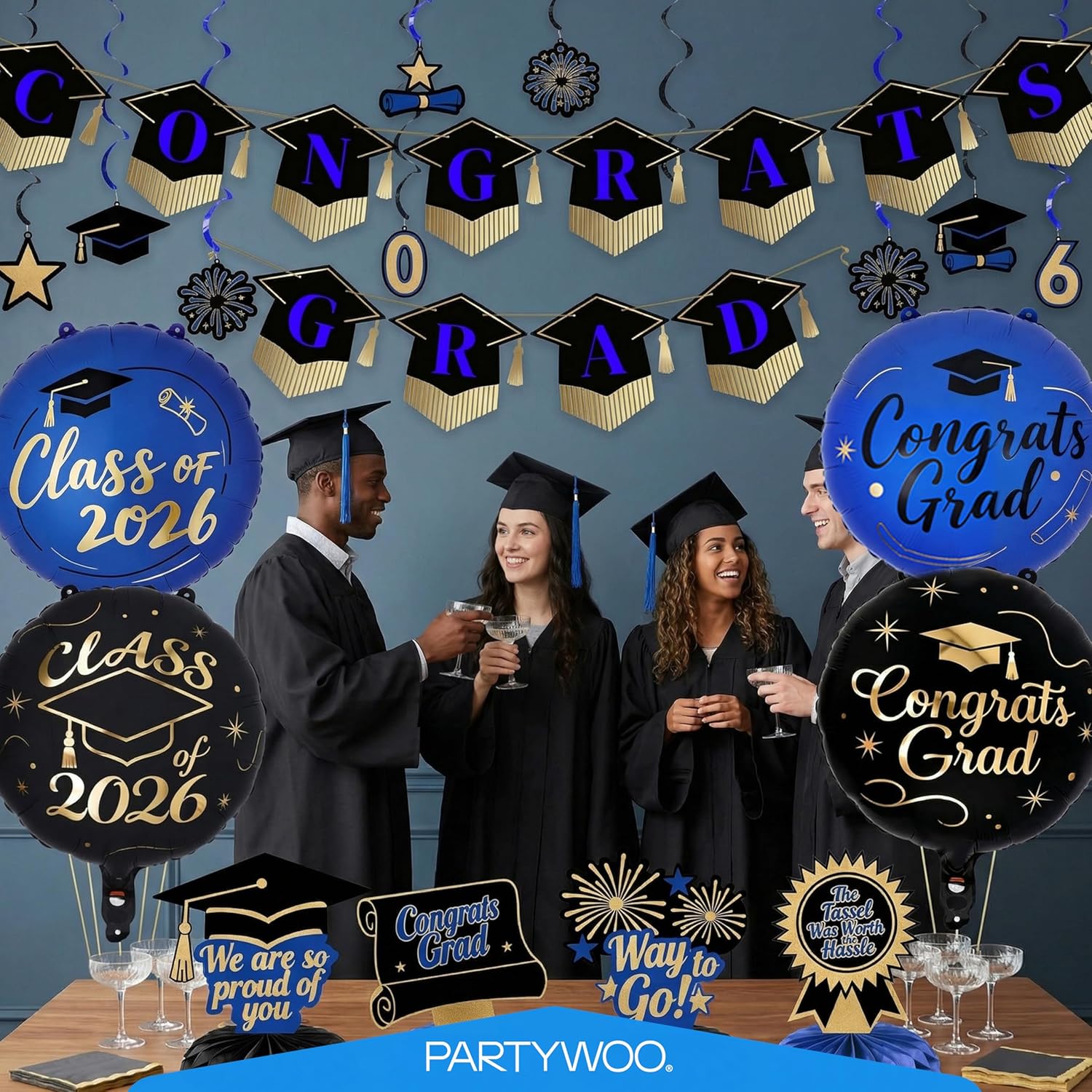 PartyWoo Graduation Decorations - Class of 2026 Black, Gold & Blue 19-Piece Set with Congrats Banner & Balloons