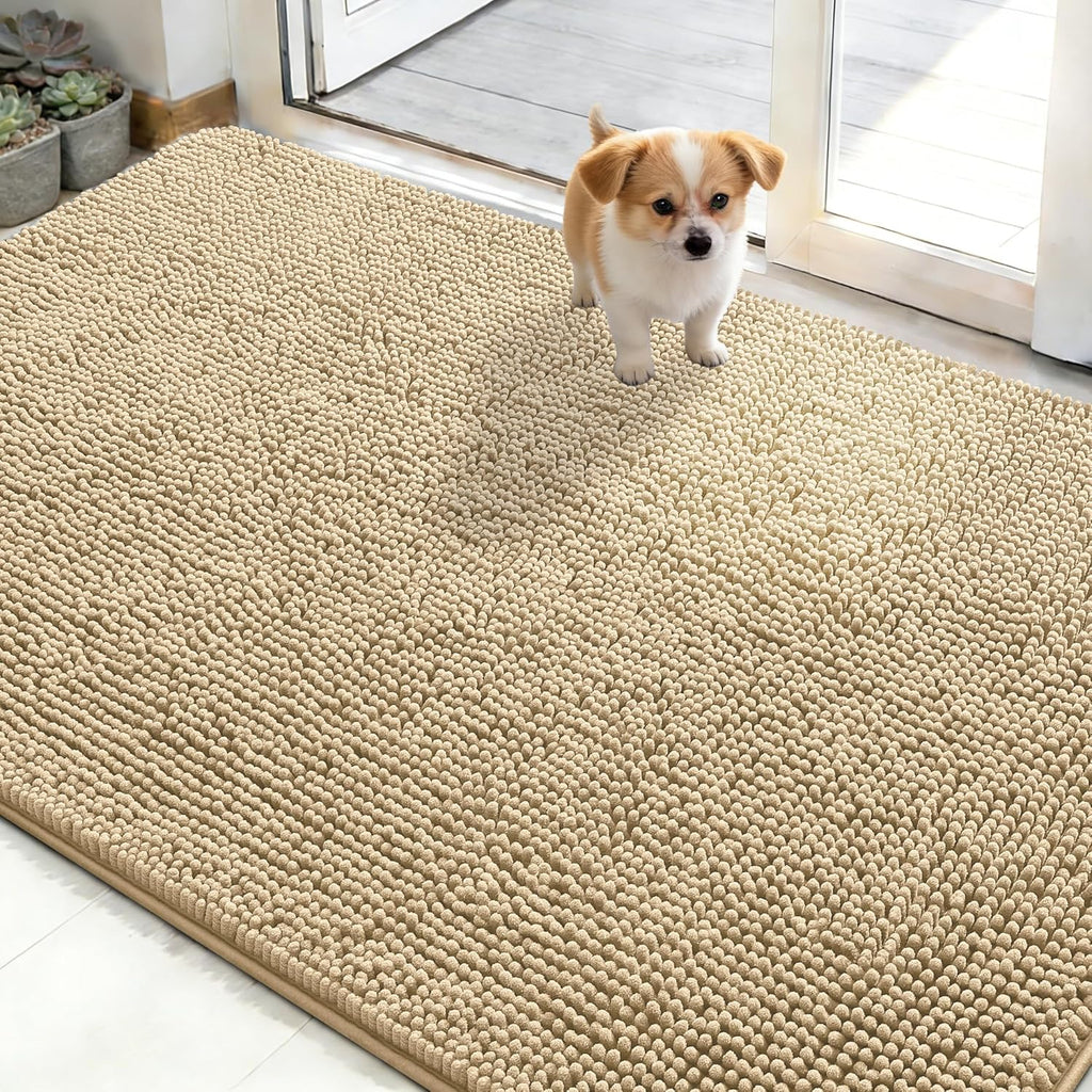 OLANLY Dog Door Mat - Absorbent Non-Slip Chenille for Muddy Paws | 48x30 Beige Quick Dry Doormat