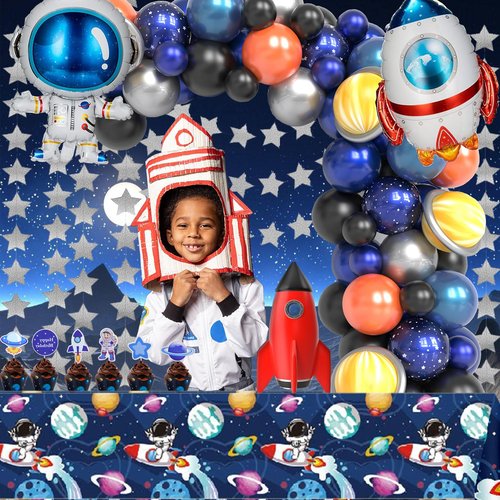 96pcs Outer Space Astronaut Party Decorations - Galaxy Themed Party Supplies ：Happy Birthday Backdrop, Tablecloth, Star Garland,Multi-color Balloons and Rocket ，astronaut Balloons.