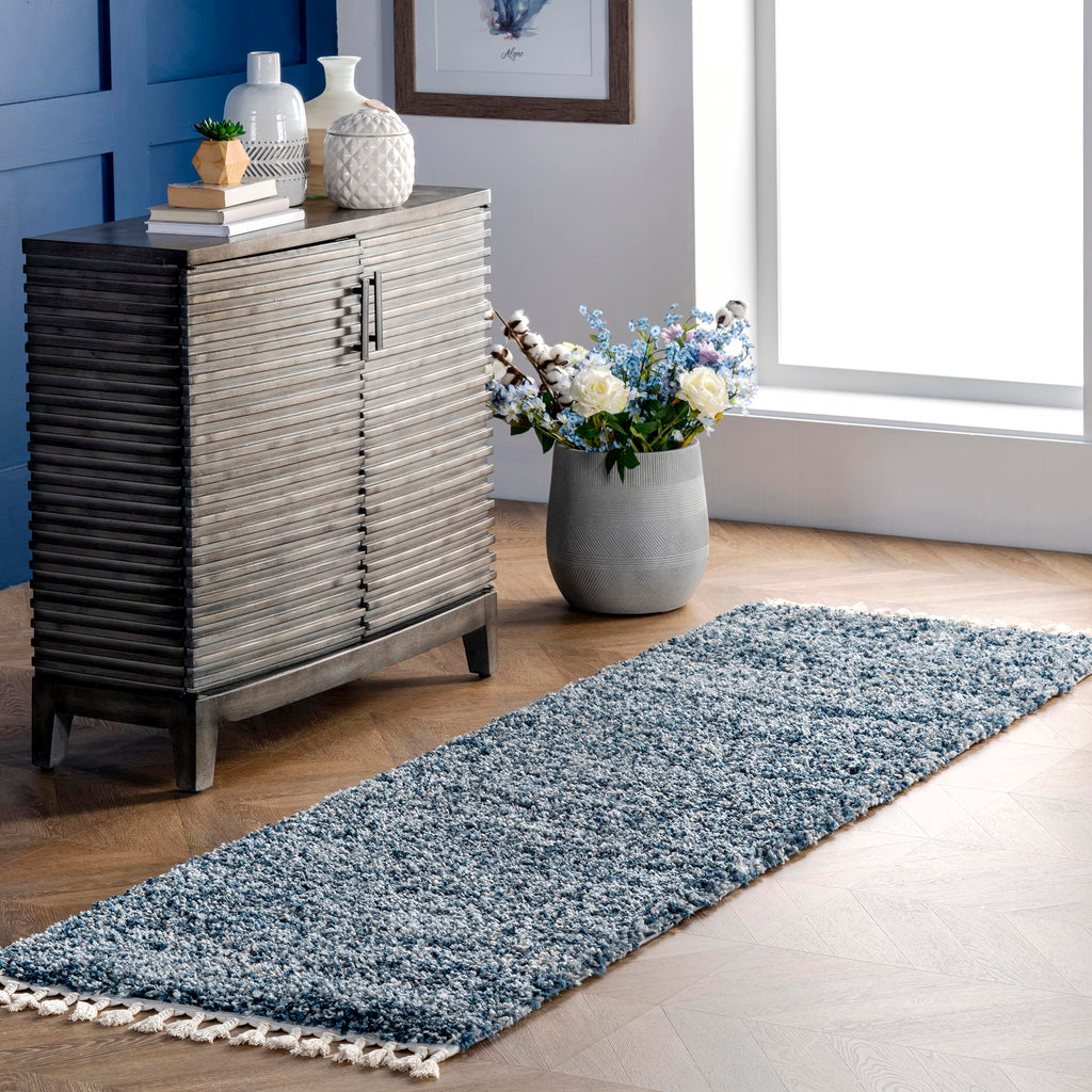 nuLOOM Brooke Shag Tasseled Area Rug - 2x8 Runner Shag Rug Casual Blue/Ivory Rugs for Living Room Bedroom Dining Room Nursery Entryway Hallway