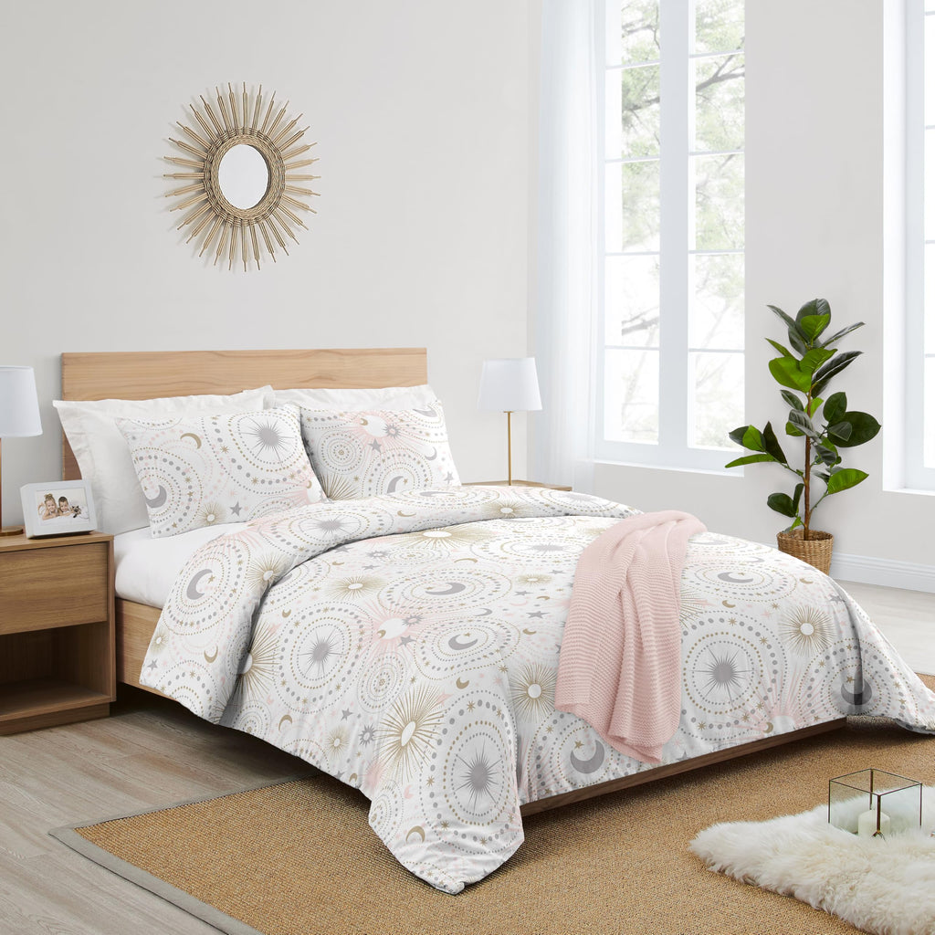 Sweet Jojo Designs Blush Pink, Gold, Grey and White Star and Moon Celestial Girl Full/Queen Kid Childrens Bedding Comforter Set 3 Pieces