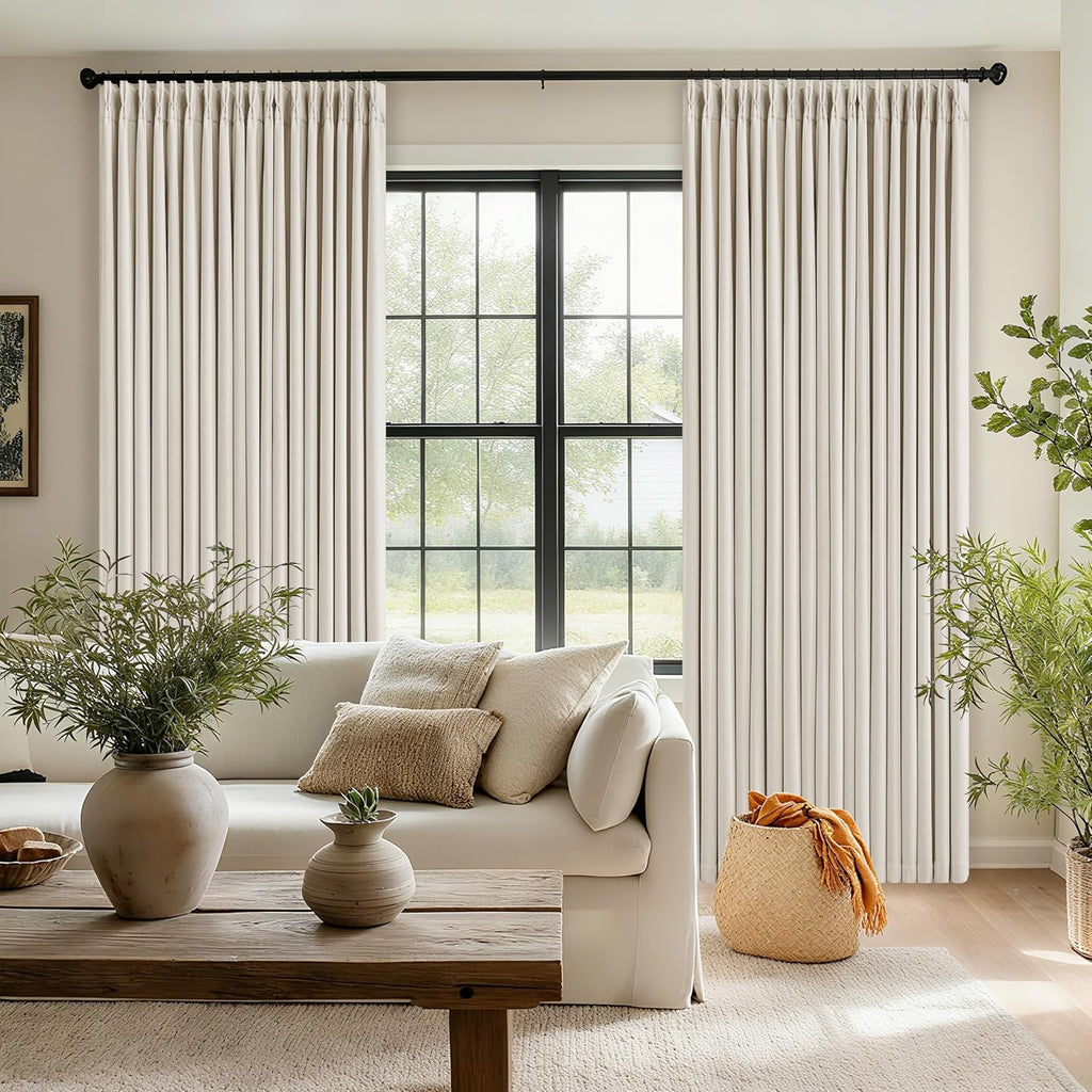 Skiennix 100% Blackout Linen Curtains - Pinch Pleat Design | 96 Inch Length, Cream Ivory Color, 2 Panels