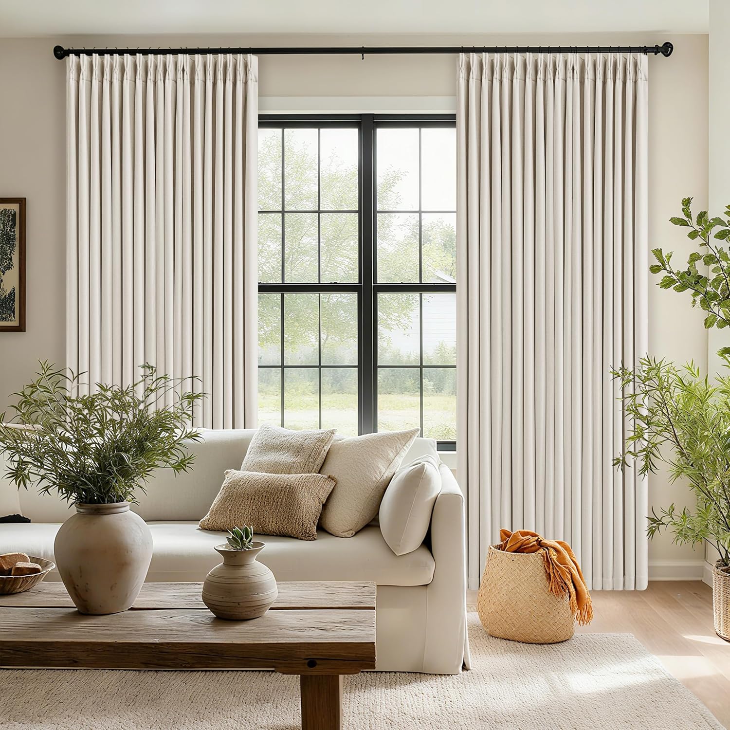 Skiennix 100% Blackout Linen Curtains - Pinch Pleat Design | 96 Inch Length, Cream Ivory Color, 2 Panels