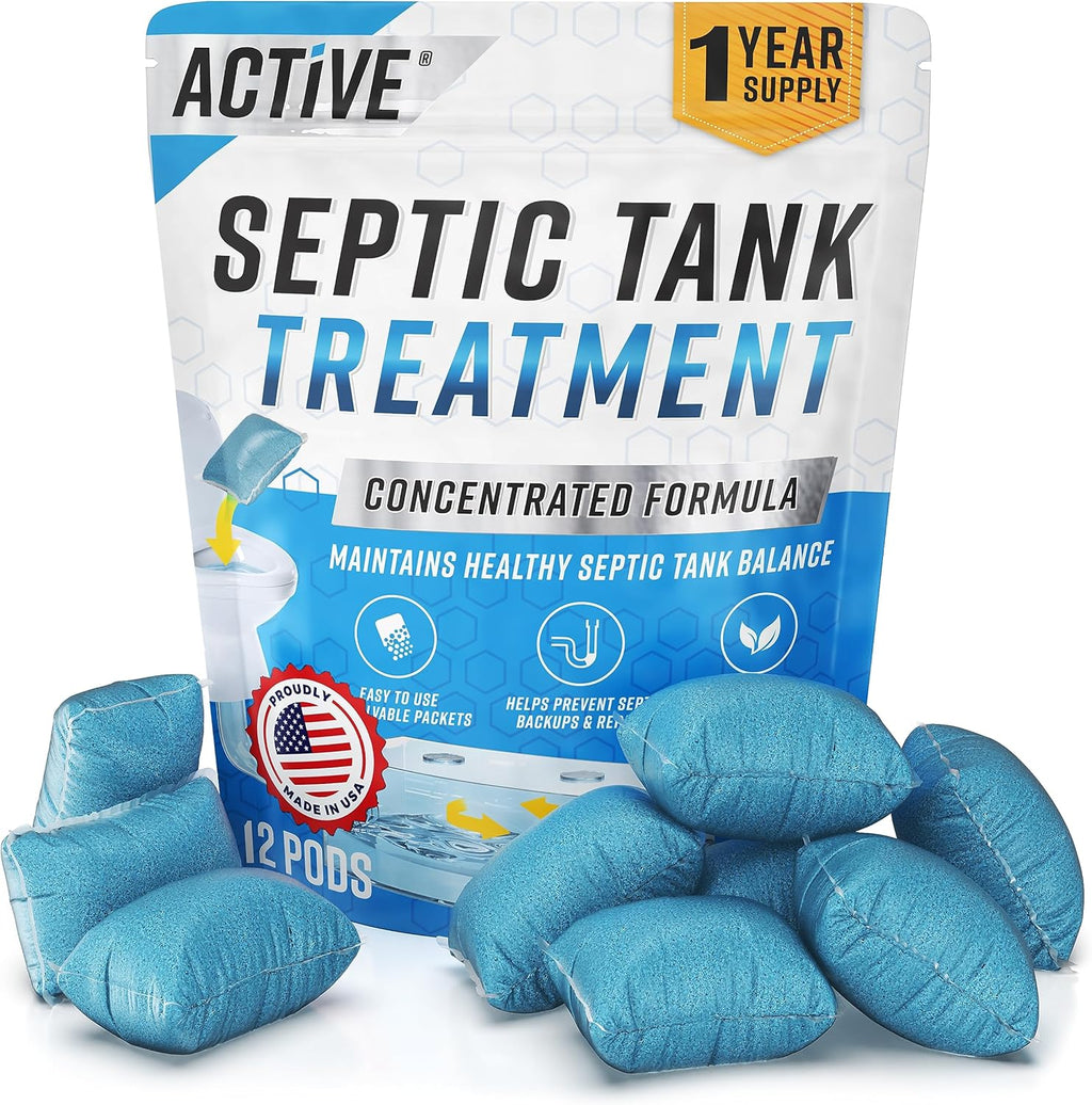 Septic Tank System Treatment Pods - Eco-Friendly Enzyme-Activated Bacteria | 12 Dissolving Packets | Prevent Clogs & Odors | Made in USA
