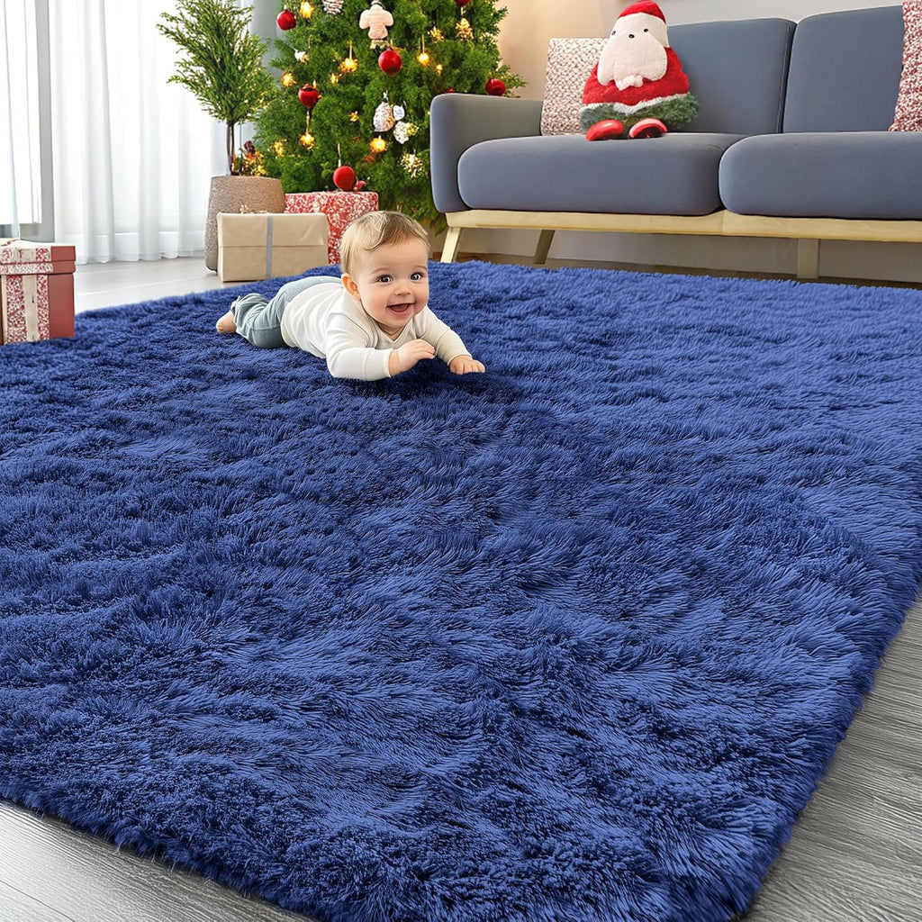 OLANLY 6x6 Area Rug - Soft, Fluffy Shaggy Design | Machine Washable Navy Blue Carpet for Kids & Nursery