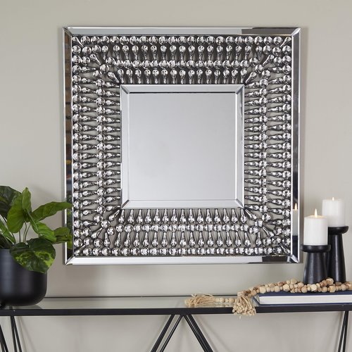 Deco 79 Glass Wall Mirror with Crystal Embellishment, 32" x 1" x 32", Silver