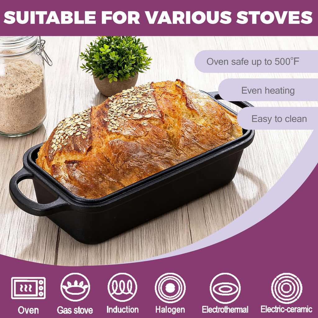 Vanderlume 11x5 Inch Cast Iron Loaf Pan with Lid, Large Dutch Oven Bread Loaf Pan for Sourdough, Homemade Bread Baking, Even Heat Distribution, 5.8Qt