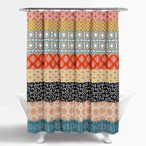 Lush Decor Bohemian Stripe Shower Curtain 72" W x 72" L Turquoise & Orange - Bathroom Curtain - Striped Shower Curtain - Boho Decor - Fabric Shower Curtains