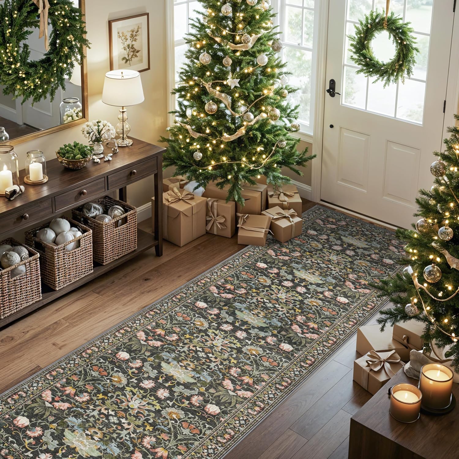 Skiennix Washable 2x8 Hallway Runner Rug - Vintage Water-Resistant Indoor Carpet | Ultra Soft Green Mat