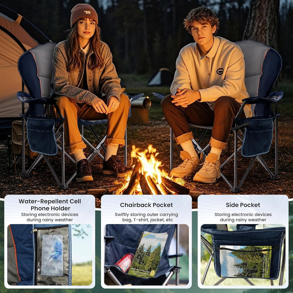 Skiennix Oversized Camping Chair - Heavy Duty Portable Folding Chair with Cup Holder & Waterproof Phone Case - Blue & Gray, XL