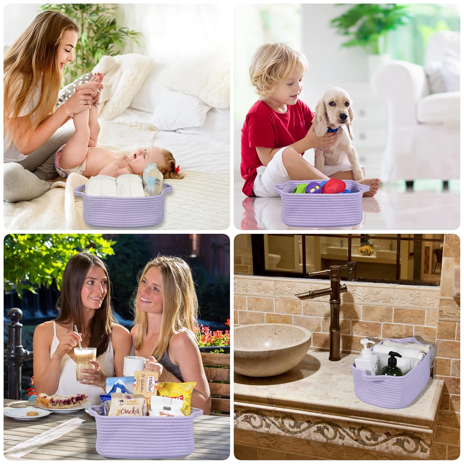 XUANGUO Woven Cotton Rope Storage Basket - Decorative Organizer for Pets & Nursery | Light Purple