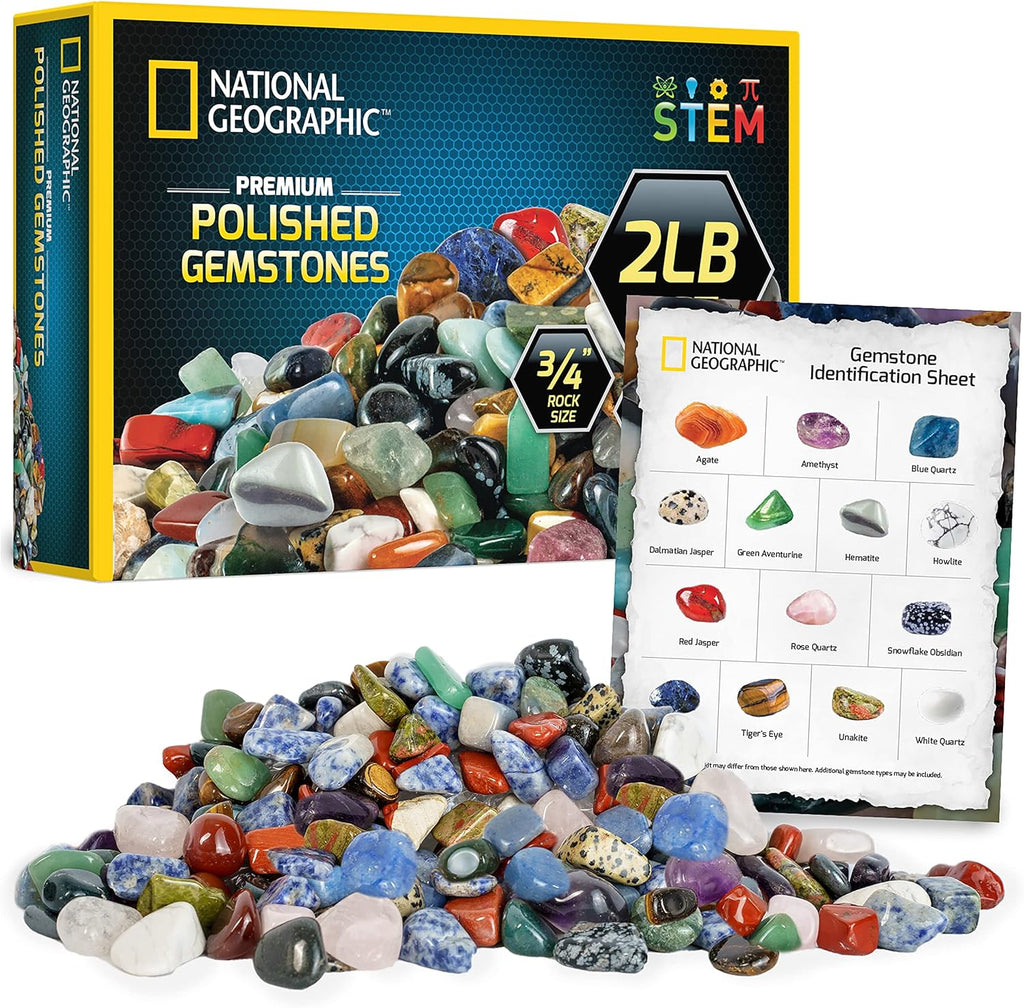 National Geographic Premium Polished Stones - 2 Pounds of 3/4-Inch Tumbled Gemstones for Kids | STEM Rock Kit
