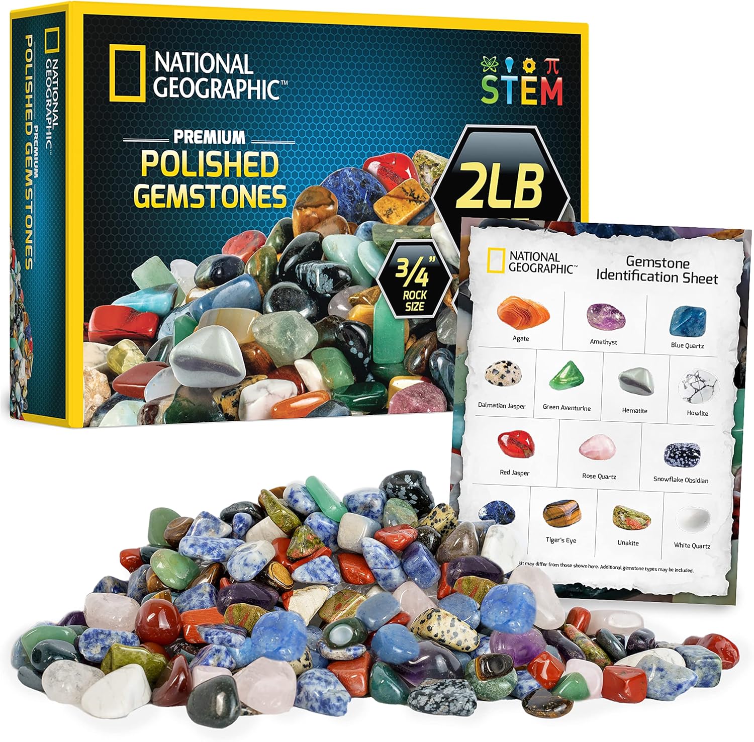 National Geographic Premium Polished Stones - 2 Pounds of 3/4-Inch Tumbled Gemstones for Kids | STEM Rock Kit