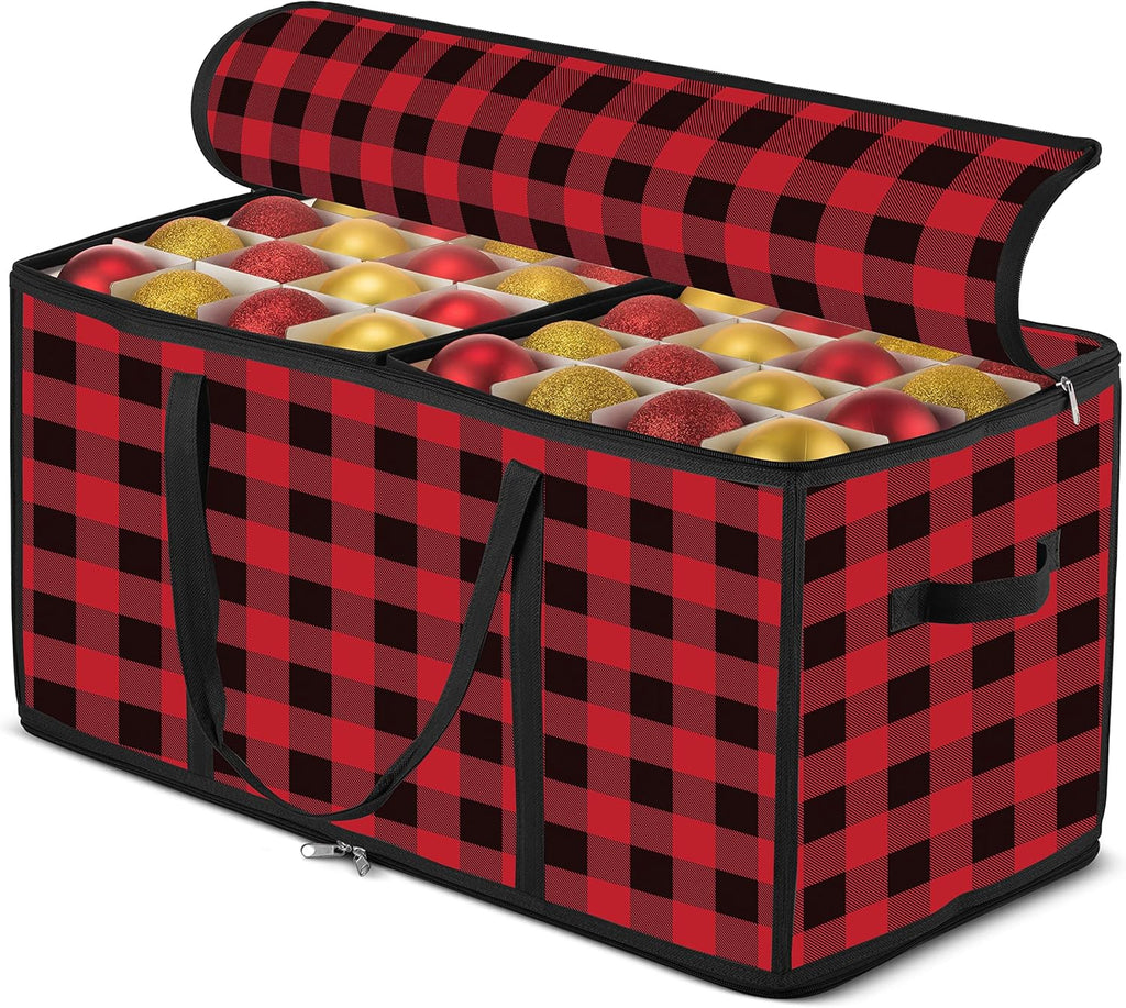 ZOBER Christmas Ornament Storage Box - Durable Plastic Organizer for 128 Ornaments | Plaid Design