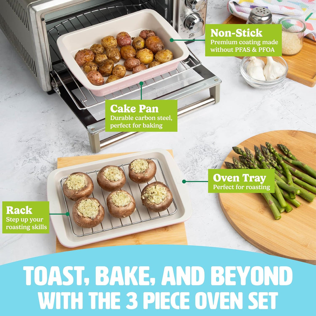 Tasty Nonstick Toaster Oven Baking Set - 3-Piece Carbon Steel Bakeware in Pink | Cake Pan, Oven Tray, Rack