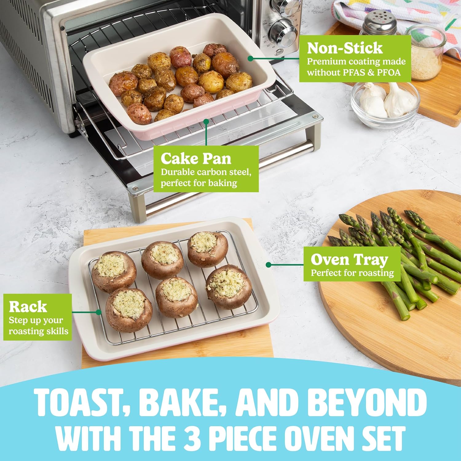 Tasty Nonstick Toaster Oven Baking Set - 3-Piece Carbon Steel Bakeware in Pink | Cake Pan, Oven Tray, Rack