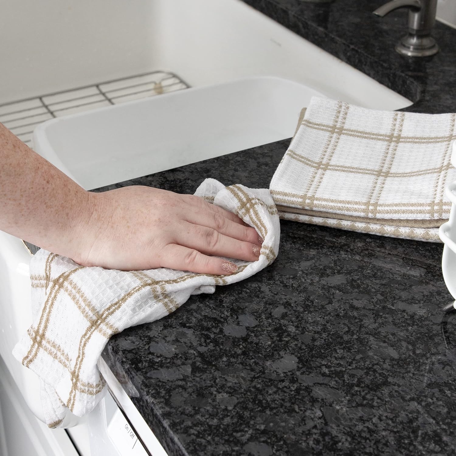 T-Fal Premium Waffle Dish Cloths - Highly Absorbent & Soft 100% Cotton Towels | 12"x13" - 4-Pack in Sand