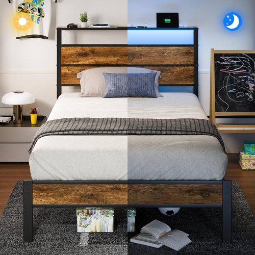 Liians Twin Bed Frame with Storage Headboard USB Charging Station, Smart LED Lights, Metal Platform Bed Easy Assembly, No Box Spring Needed