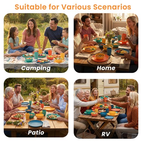 BUSOKIP Wheat Straw Dinnerware Sets for 8, Unbreakable Plates and Bowls Sets for 8, 32-Piece Dishes Set, Microwave Safe Plastic Plates Reusable, Cups and Bowls Sets for Kitchen, Outdoor - Multi