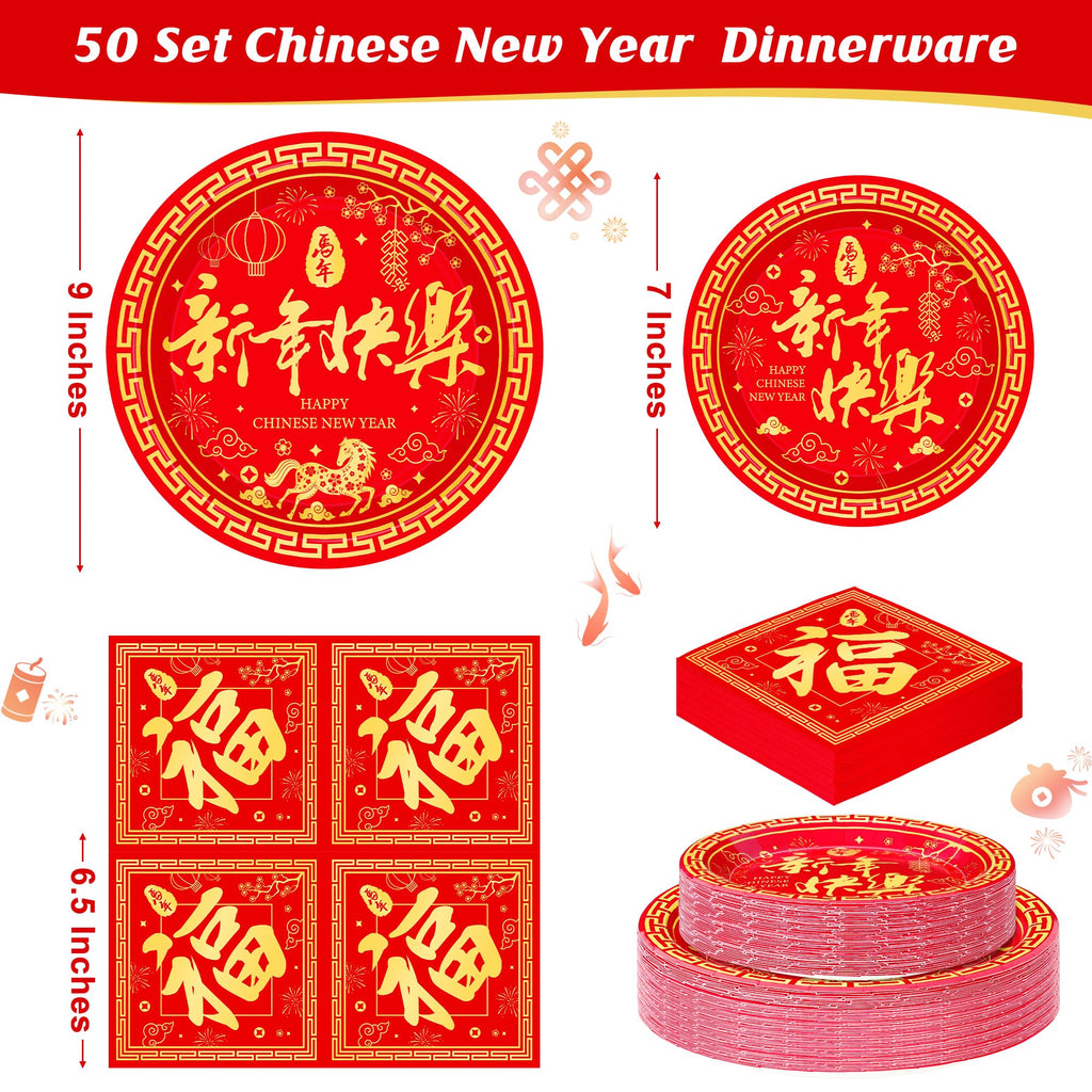 QZYL 150 PCS Lunar New Year Decorations 2026, Disposable Chinese New Year Plates and Napkins, Red Paper Plates, Serve for 50 Spring Festival Party Supplies Chinese Year of the Horse Cutlery