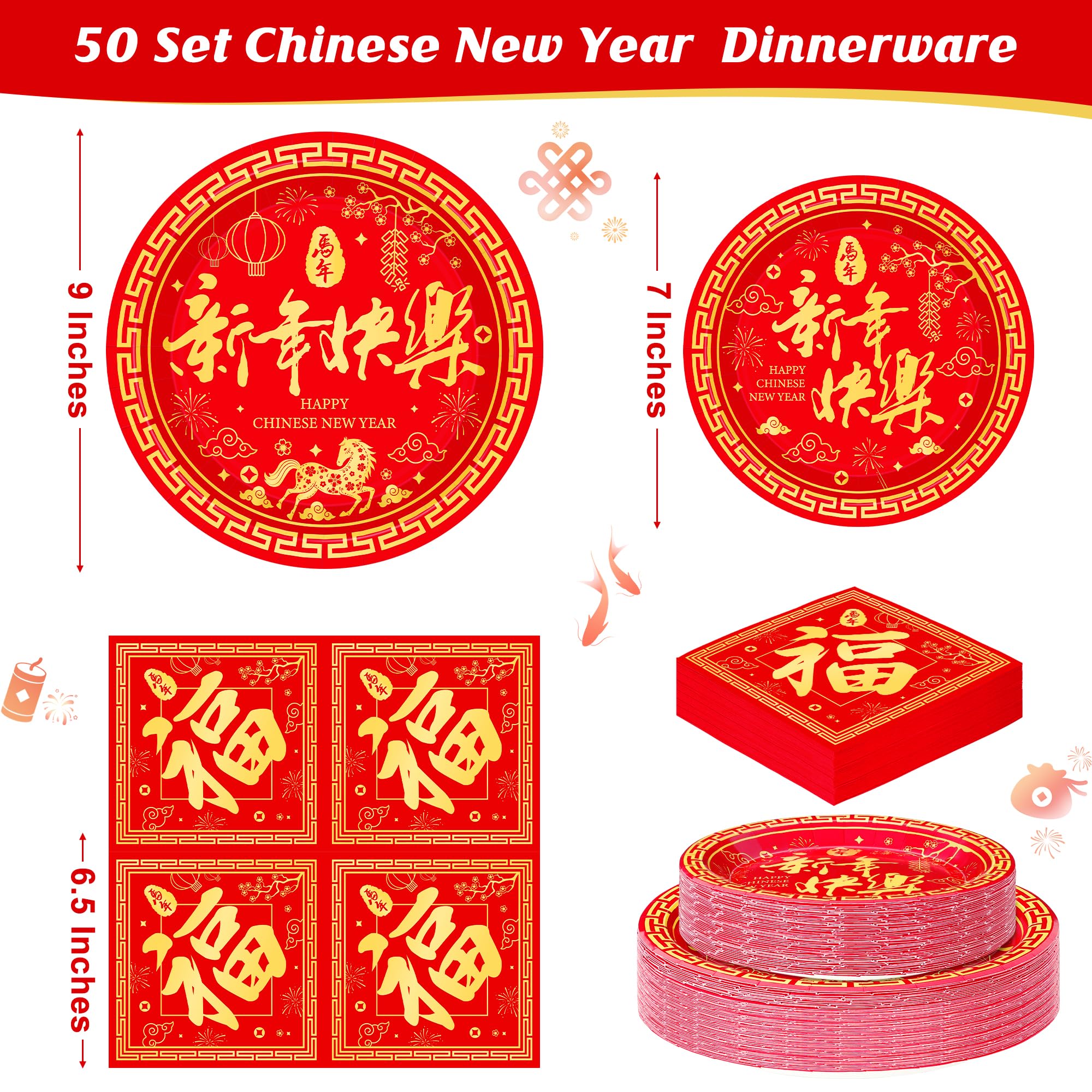 QZYL 150 PCS Lunar New Year Decorations 2026, Disposable Chinese New Year Plates and Napkins, Red Paper Plates, Serve for 50 Spring Festival Party Supplies Chinese Year of the Horse Cutlery