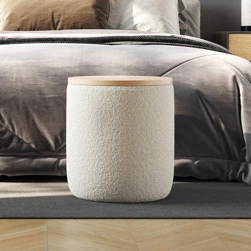 Lavish Home Storage Ottoman - Teddy Fabric Upholstered Ottoman with Wood Top for Living Room, Dorm, or Apartment - Ottomans with Storage (Cream)