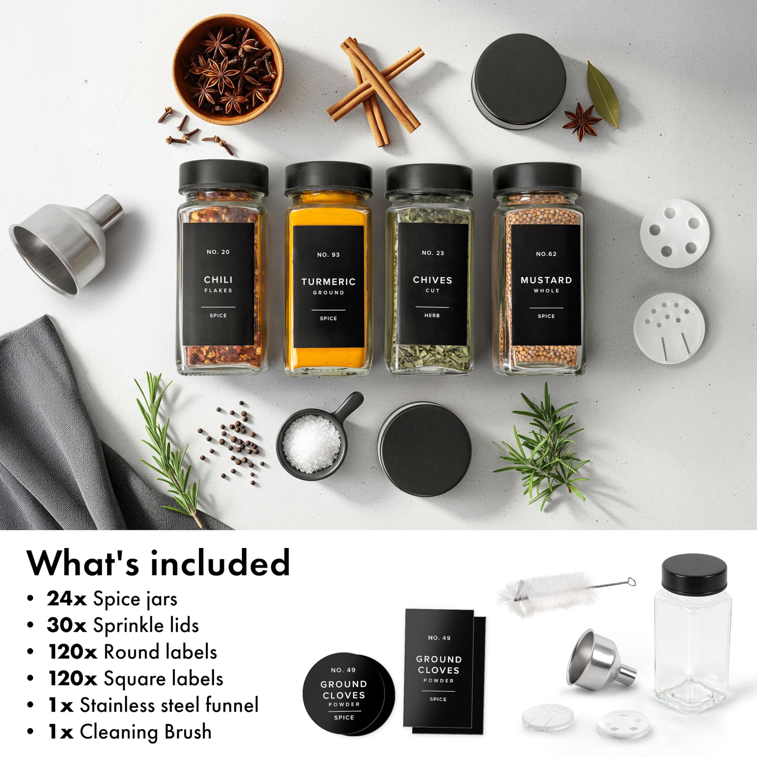 EDELHAUS Glass Spice Jars and Black Stainless Steel Lids (12 x 4oz) Spice Containers with Shaker Inserts - Add-On Pack Without Labels or Accessories