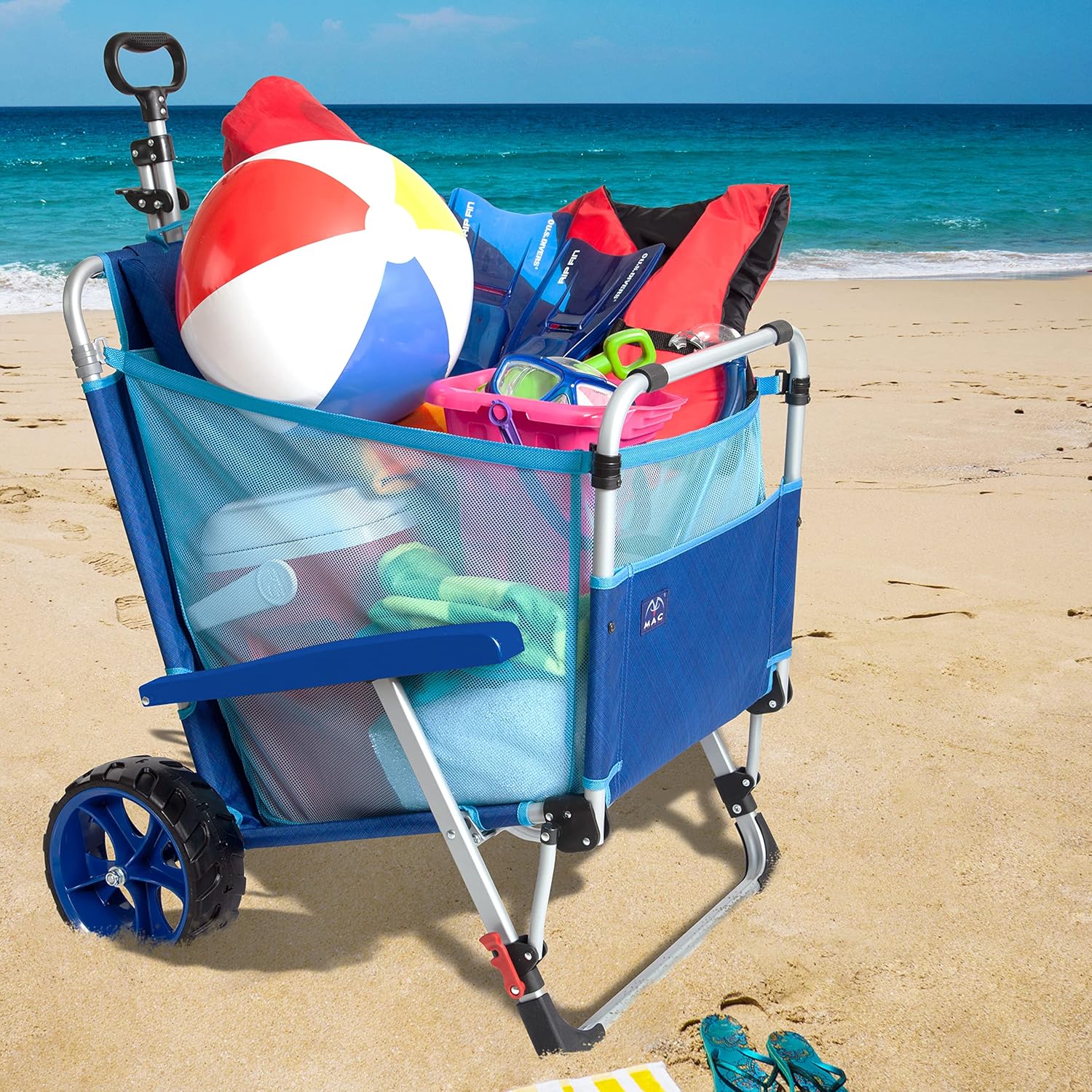 Mac Sports Foldable Beach Chaise Lounge Chair with Integrated Wagon Pull Cart - Ideal for Outdoor Fun