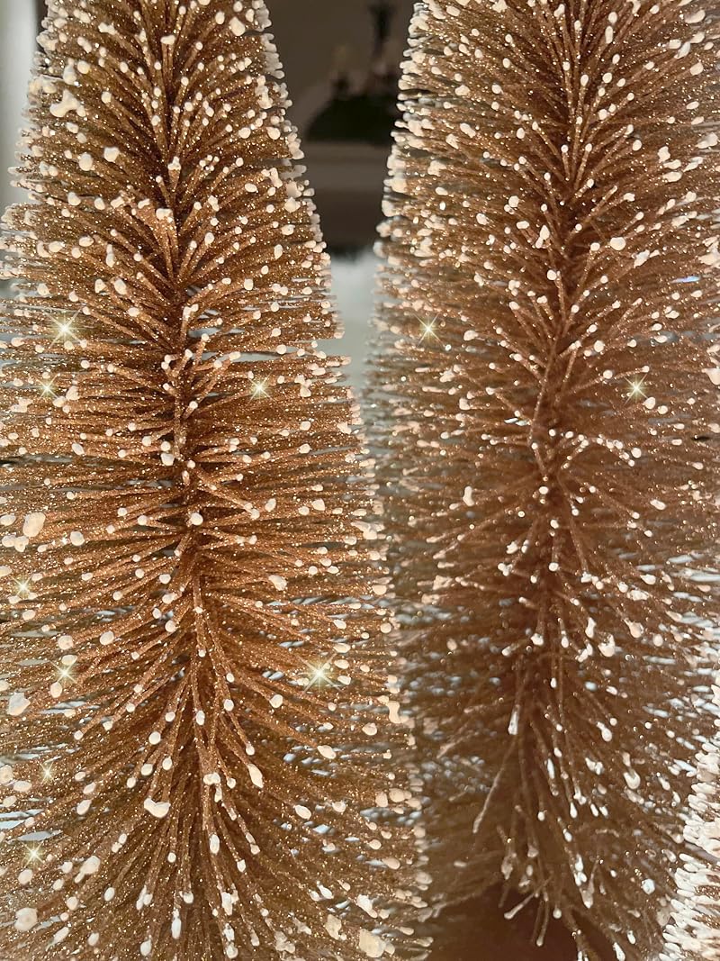 3-Piece Sparkling Gold Bottle Brush Christmas Trees with Snowy Tips, 15"/12"/9" on Wood Bases