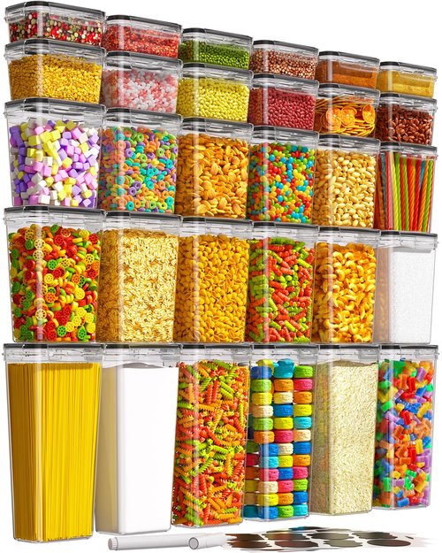 KEMETHY 30 PCS Airtight Food Storage Containers with Lids, Kitchen Pantry Organization and Storage, BPA-Free Plastic Scale Food Canisters for Cereal, Flour, Sugar, Dry Food, Include Labels & Marker