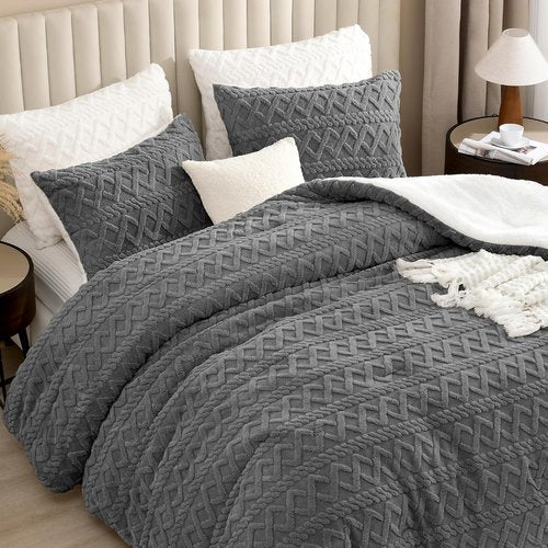Andency Fluffy Sherpa Queen Comforter Set - Super Soft Gray Fleece Bedding | Luxury 3-Piece Boho Design