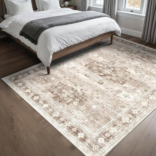 Hazo Haus Washable Area Rug - Boho Vintage Floral Design, Non-Slip & Stain Resistant | 5x8 Beige/Latte