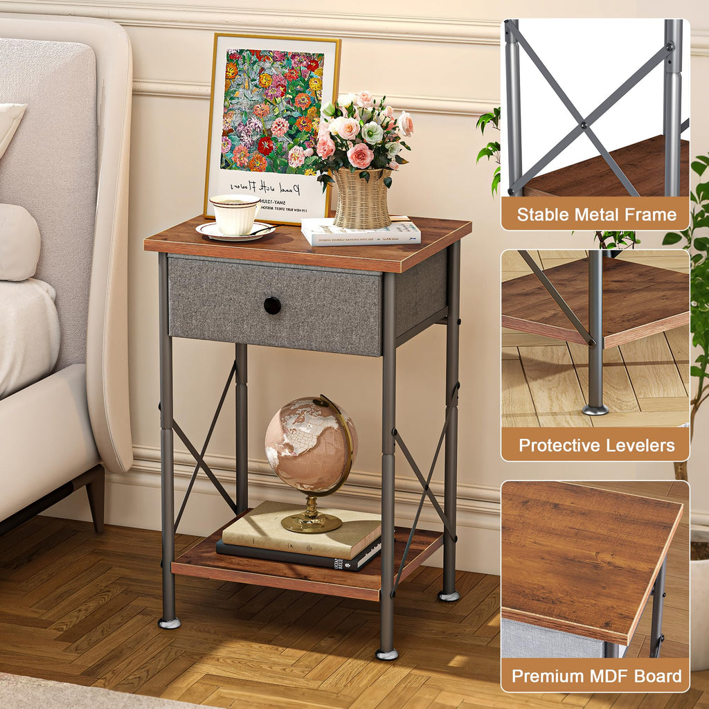 VECELO End Tables, Modern Nightstands with Drawer & Open Shelf, Side Table for Bedroom Living Room, Industrial Metal Frame, Easy Assembly, Rustic Brown,1 Pack