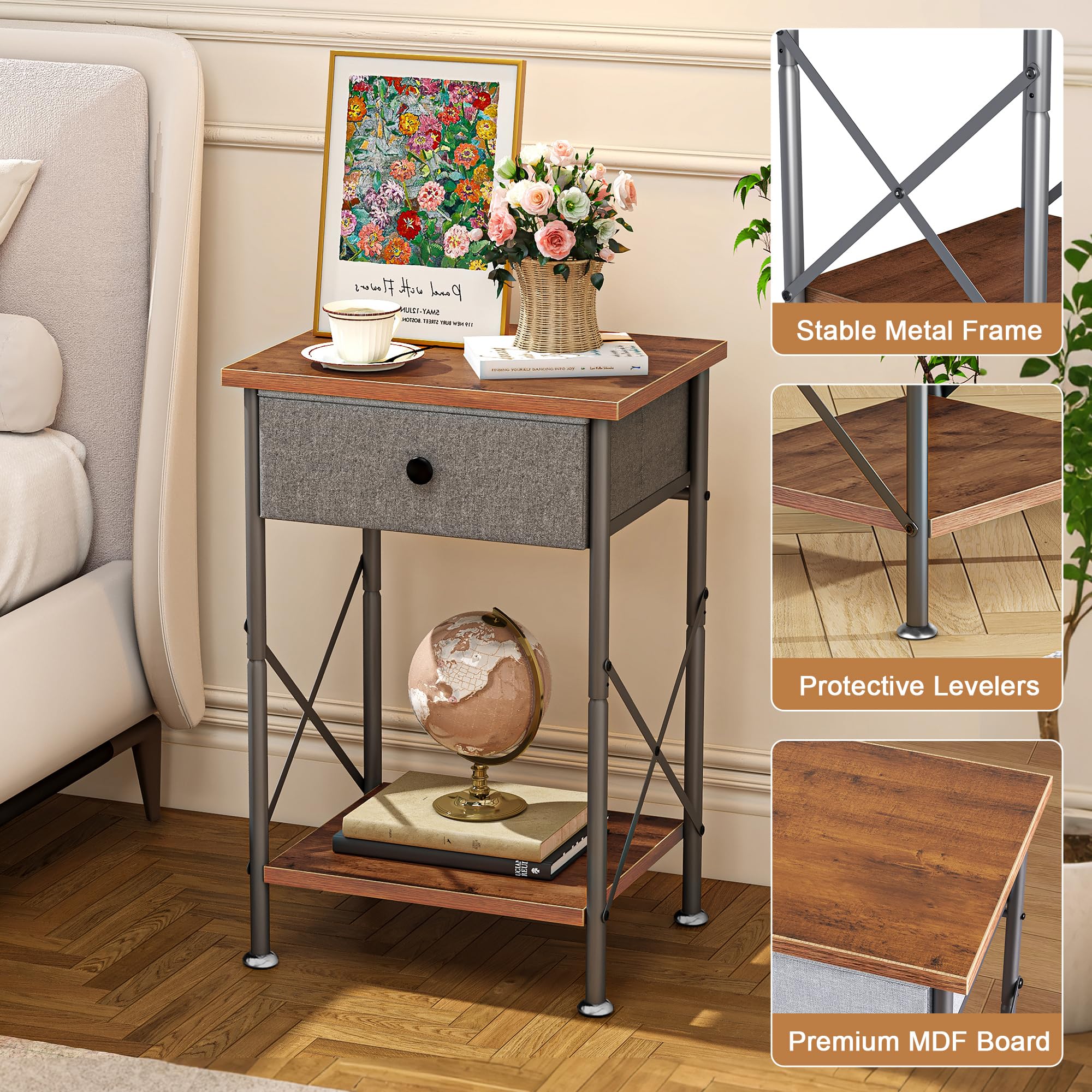 VECELO End Tables, Modern Nightstands with Drawer & Open Shelf, Side Table for Bedroom Living Room, Industrial Metal Frame, Easy Assembly, Rustic Brown,1 Pack