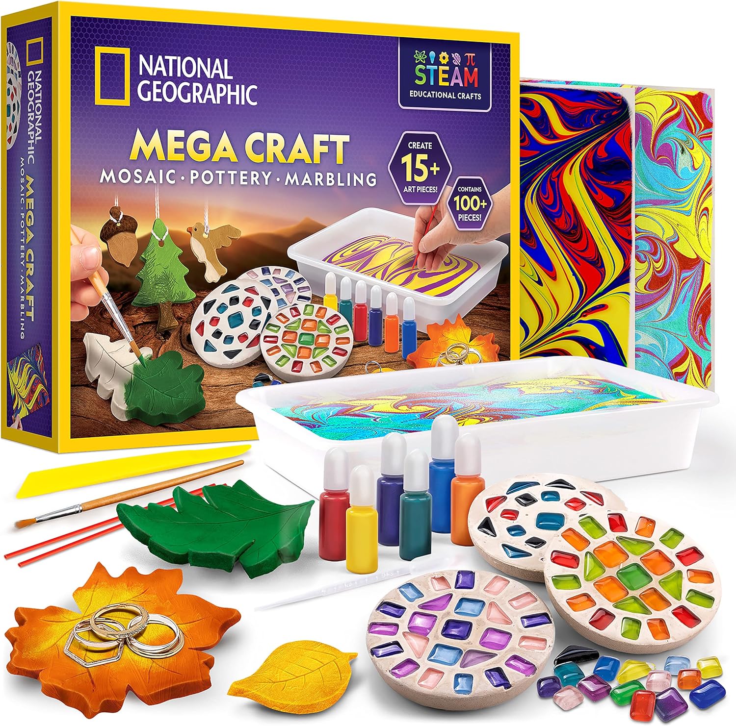 National Geographic Mega Arts and Crafts Kit - Mosaic, Marbling Paint & Air Dry Clay Projects for Kids Ages 8-12
