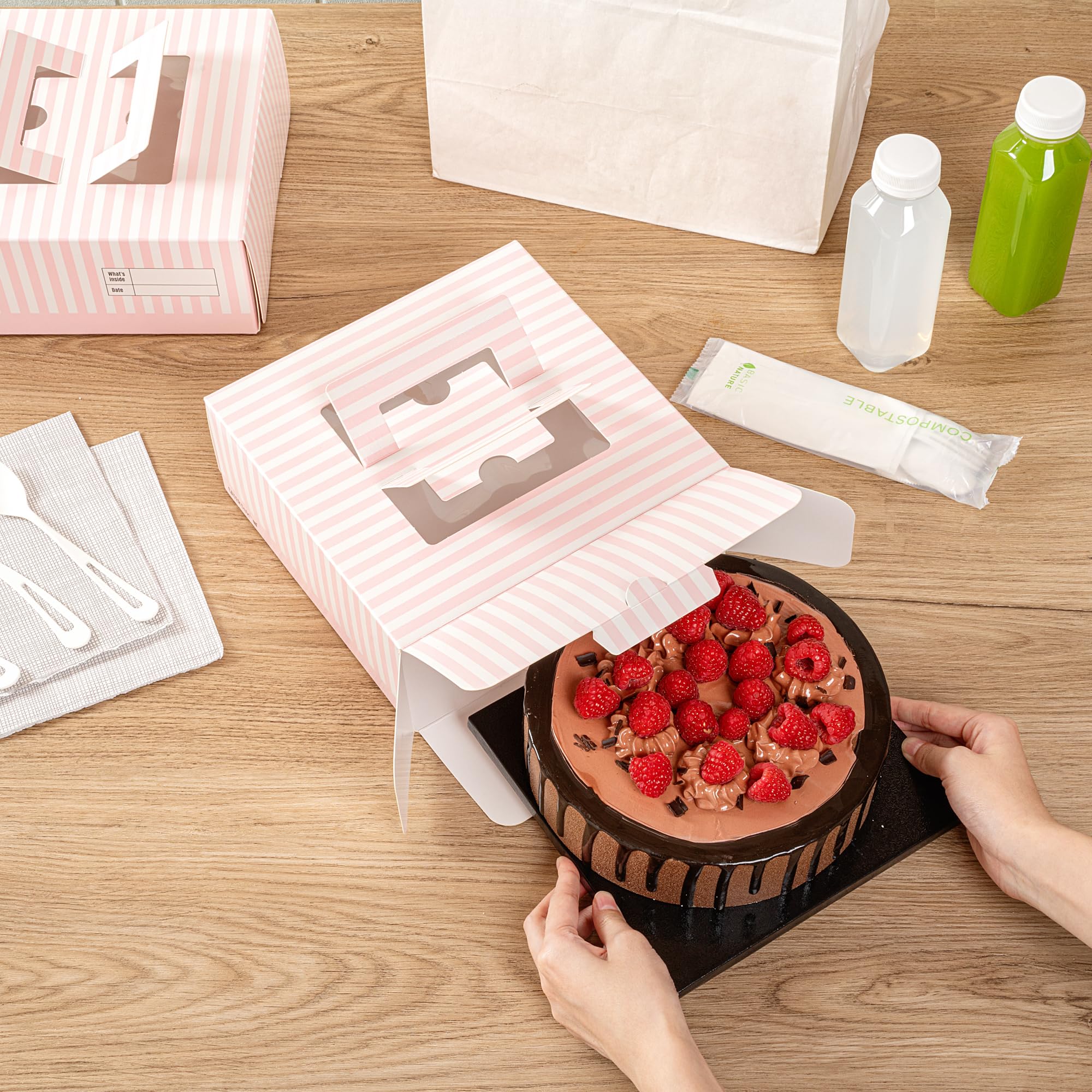 Restaurantware Cater Tek 9 x 9 x 3.5 Inch Cake Boxes 50 Disposable Lunch Boxes - Display Window Pop-Up Handles Pink and White Paper Pastry Boxes Grease Impermeable Shipped Flat