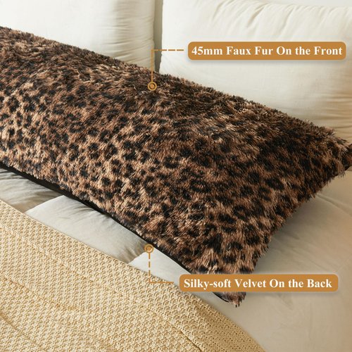 XeGe Fluffy Faux Fur Leopard Print Body Pillow Cover, 20x54 Fuzzy Cheetah Print Body Pillowcase with Zipper, Plush Furry Long Bed Bolster Pillow Cover for Pregnant Women Side Sleeper, Brown and Black