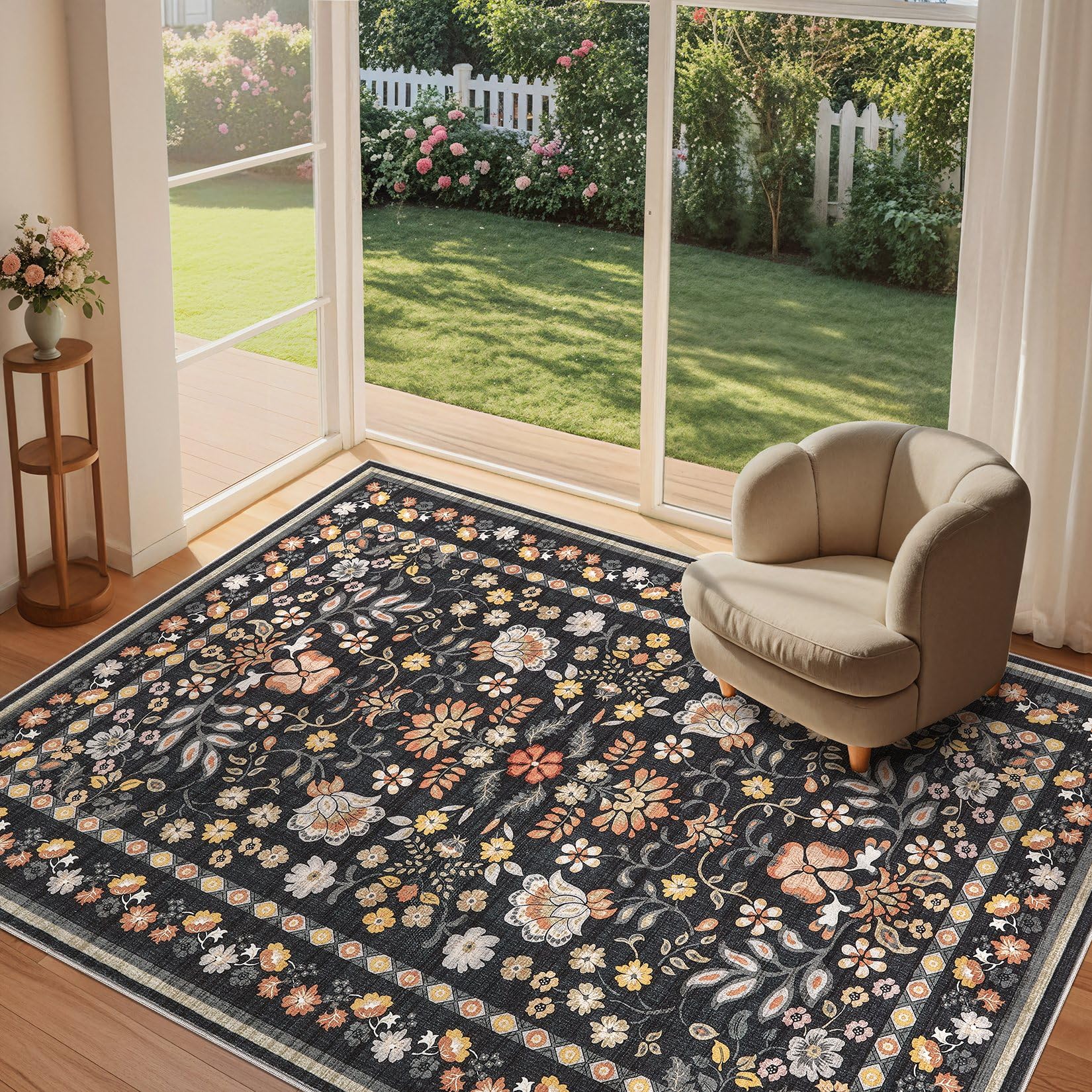 UERMEI Runner Rug for Hallways Kitchen: 2x6 Washable Area Rug Boho Floral Soft Long Rug - Non-Slip Low Pile Throw Indoor Carpet for Entryway Kitchen Bedroom Laundry Bathroom - Black Grey