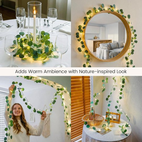 Eucalyptus Garland with 40 LED Fairy Lights - Lighted Greenery Vine with Remote & Timer, Dual Power (USB/Battery) | Cozy Home & Wedding Decor