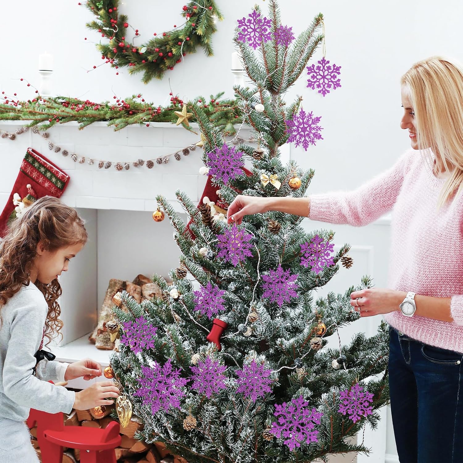 Skiennix 36pcs Christmas Light Purple Snowflake Ornaments - Plastic Hanging Decor for Winter Wonderland