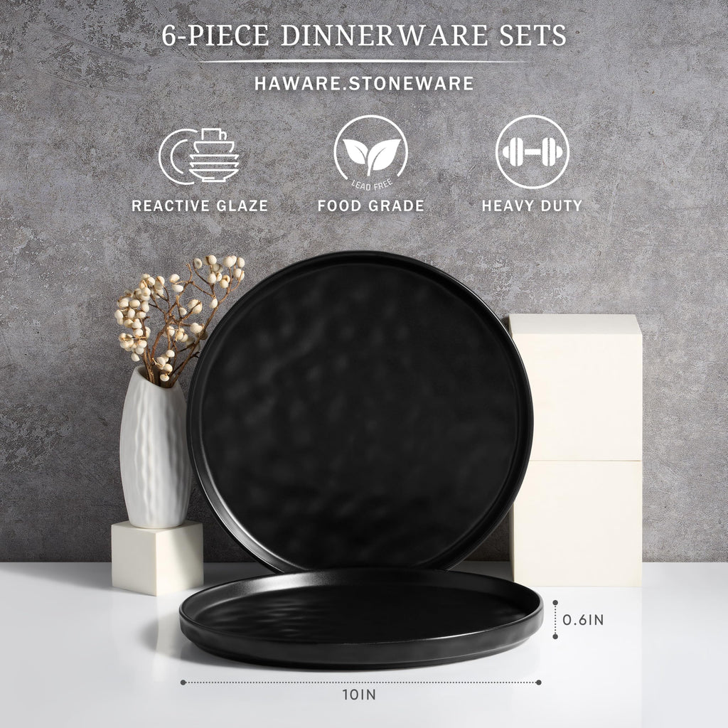 HaWare Stoneware Dinner Plates Set of 6, 10" Heavy Duty Ceramic Plate, Reactive Glaze Ripple Dinnerware for Home Restaurant, Chip and Scratch Resistant, Microwave and Dishwasher Safe, Matte Black