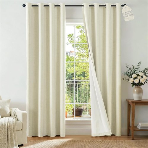 ChrisDowa 100% Blackout Curtains - 84 Inch Linen Drapes for Privacy Protection | Beige, 2 Panels 52" W x 84" L