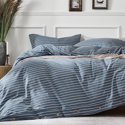 JELLYMONI Queen Size Washed Cotton Duvet Cover - Breathable Blue Striped Bedding Set with Button Closure | 1 Duvet Cover & 2 Pillowcases