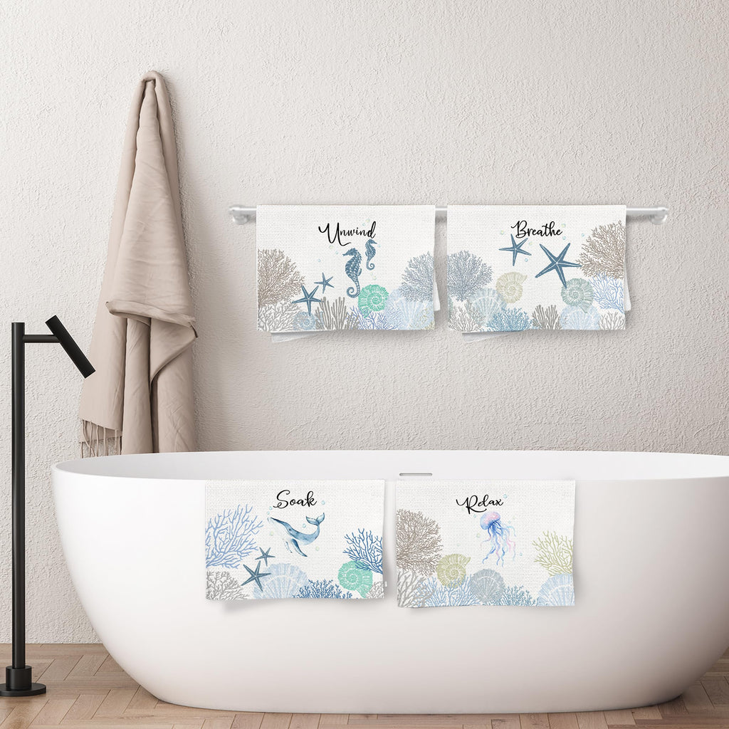 WARDOS Coastal Hand Towels for Bathroom Set of 4, Relax Breathe Soak Unwind Decorative Hand Towels for Gym Yoga Spa Bathroom Kitchen Decor, 16x24 Inch