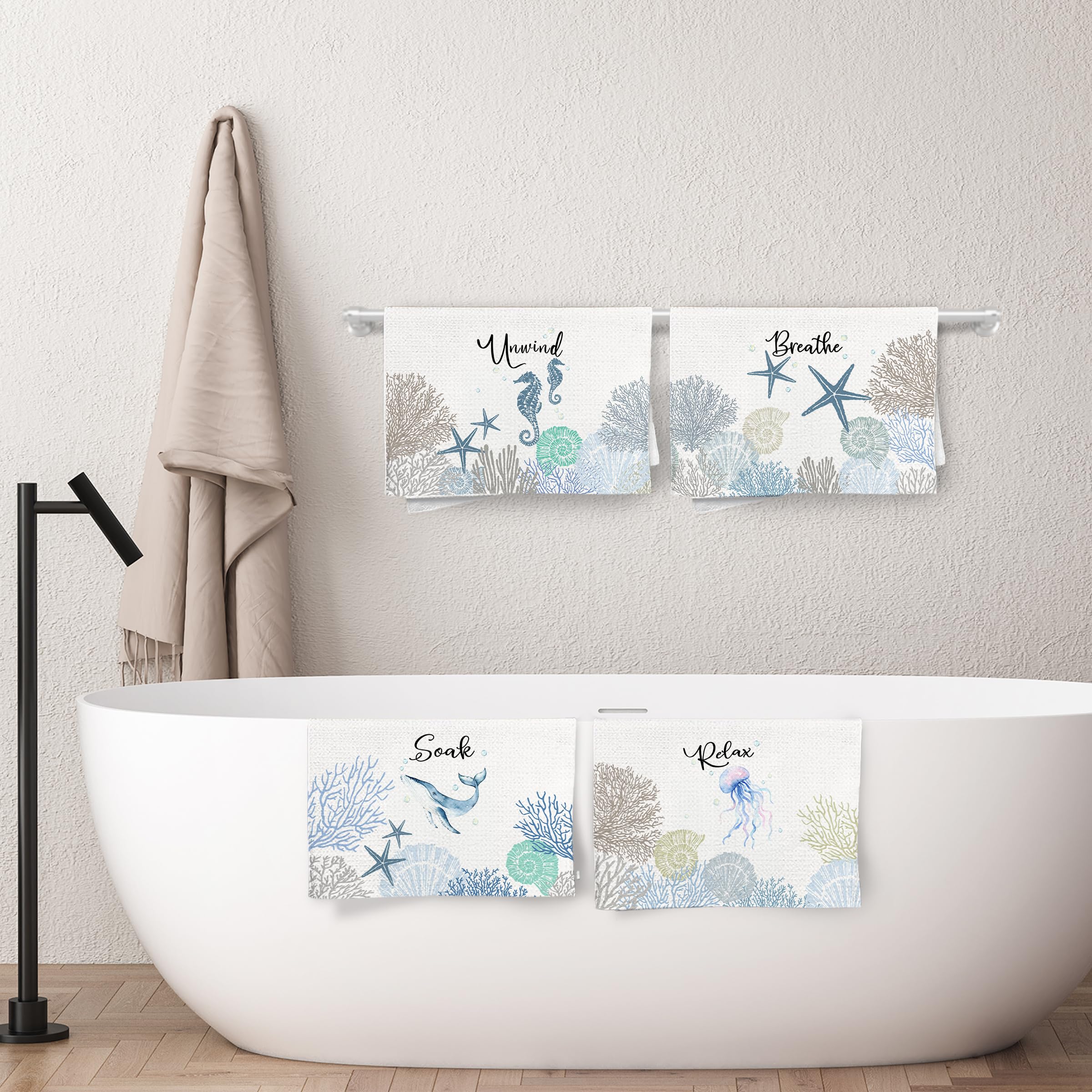 WARDOS Coastal Hand Towels for Bathroom Set of 4, Relax Breathe Soak Unwind Decorative Hand Towels for Gym Yoga Spa Bathroom Kitchen Decor, 16x24 Inch